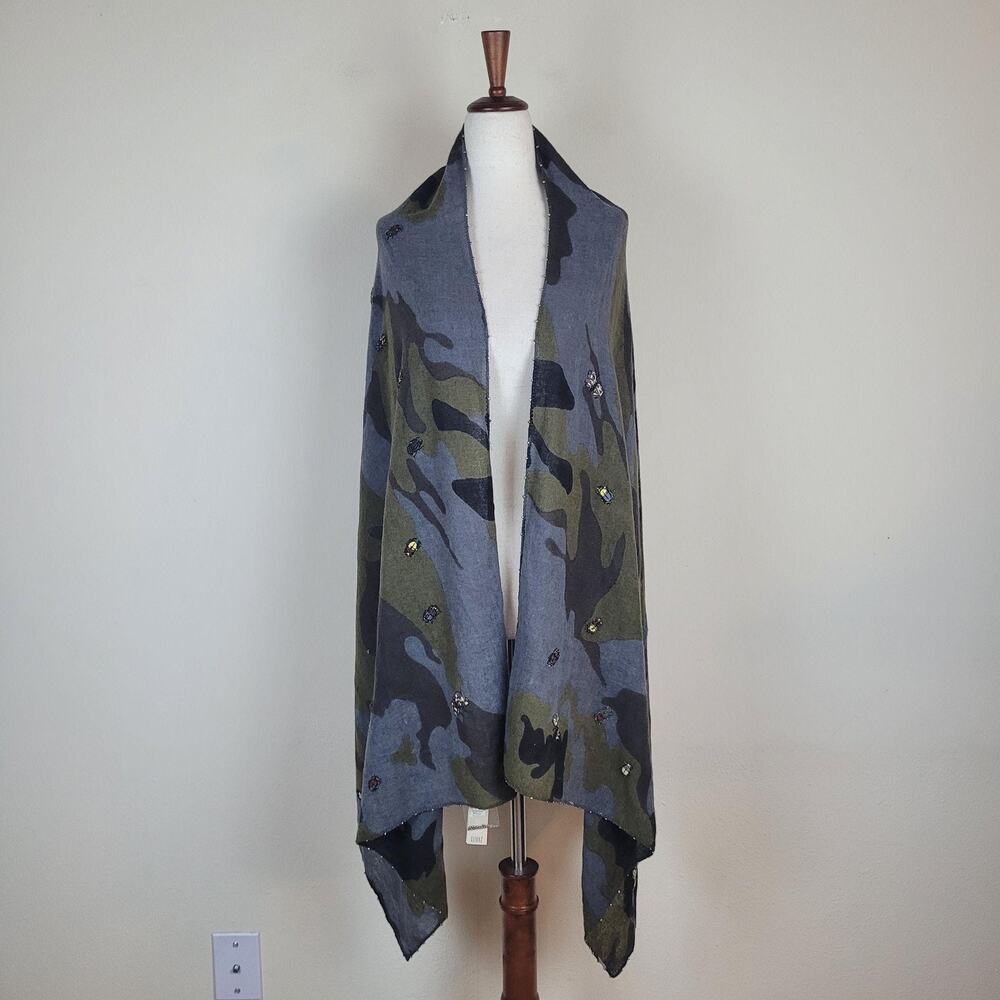 Citrus Anthropologie Scarf Wrap Shawl Grey Olive Black Camo Wool Beaded Boho NEW